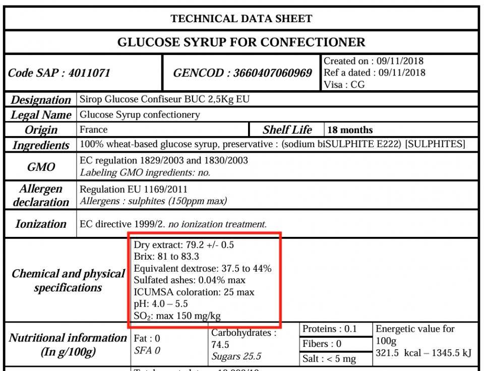 Data sheet for glucose syrup