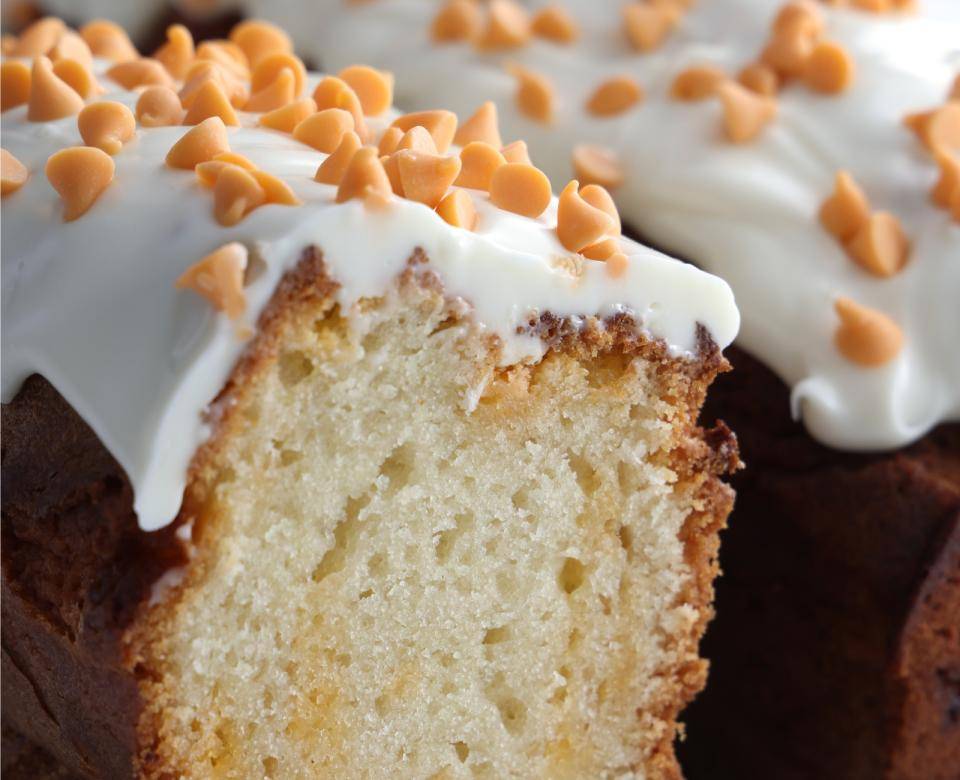 pound cake with butterscotch chips on top