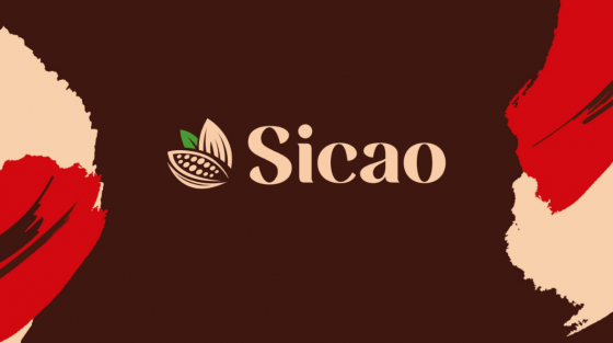 logo sicao em cor clara em cima de um fundo marrom escuro e com pinceladas nas laterais vermelhas e rosa claro